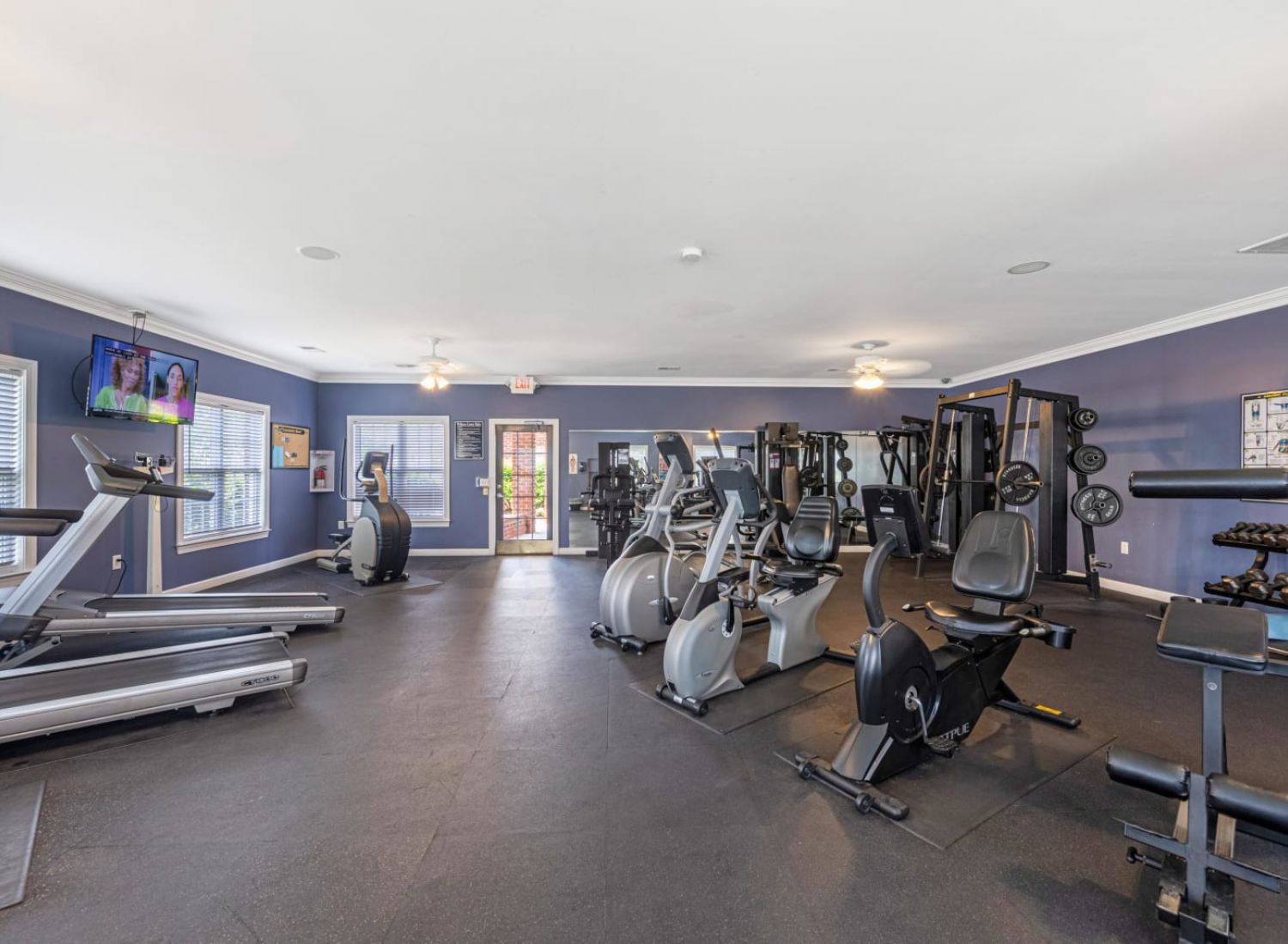 Fitness room with treadmills, exercise bikes, weight machines, free weights, and a TV on a blue wall.